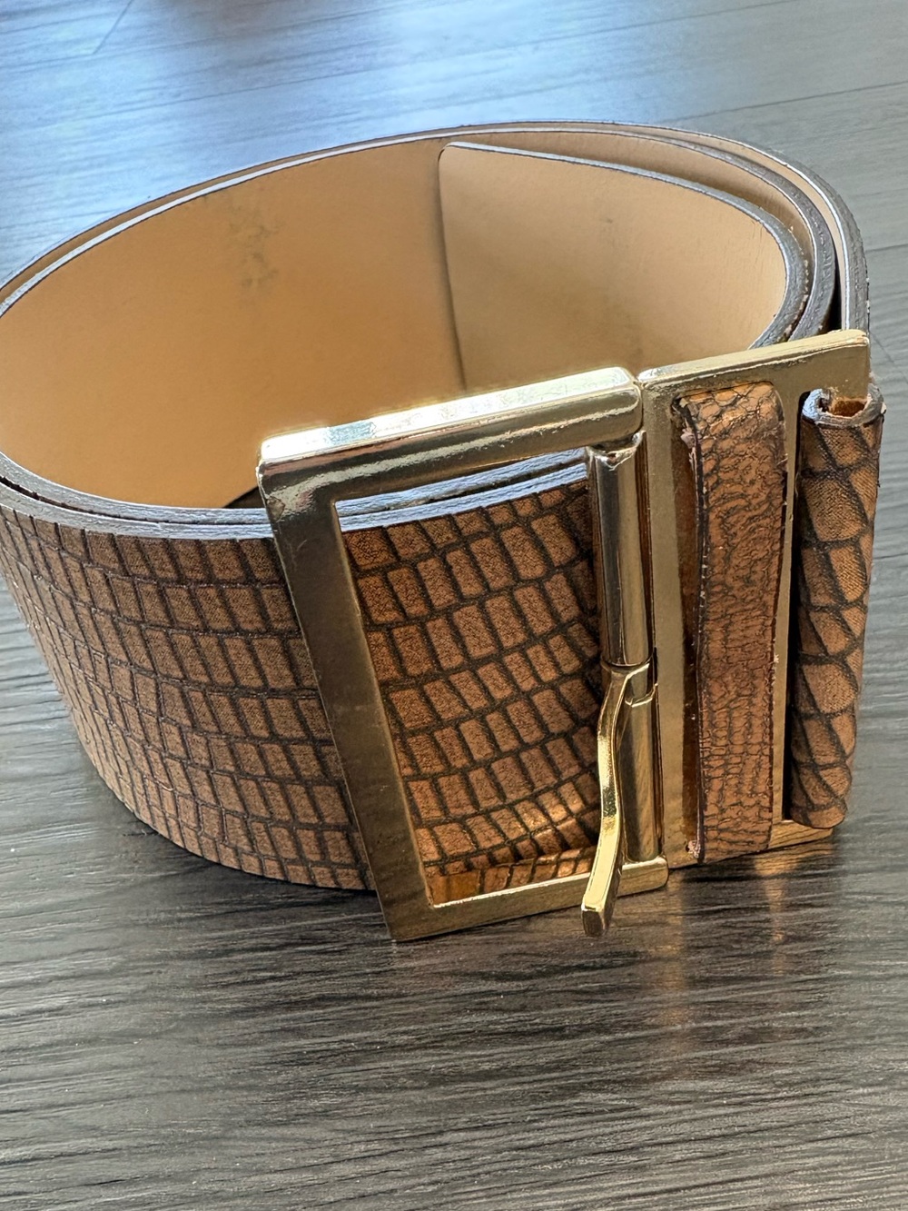 BANANA REPUBLIC Chunky Brown Leather Belt Snakeskin with Gold Buckle Medium